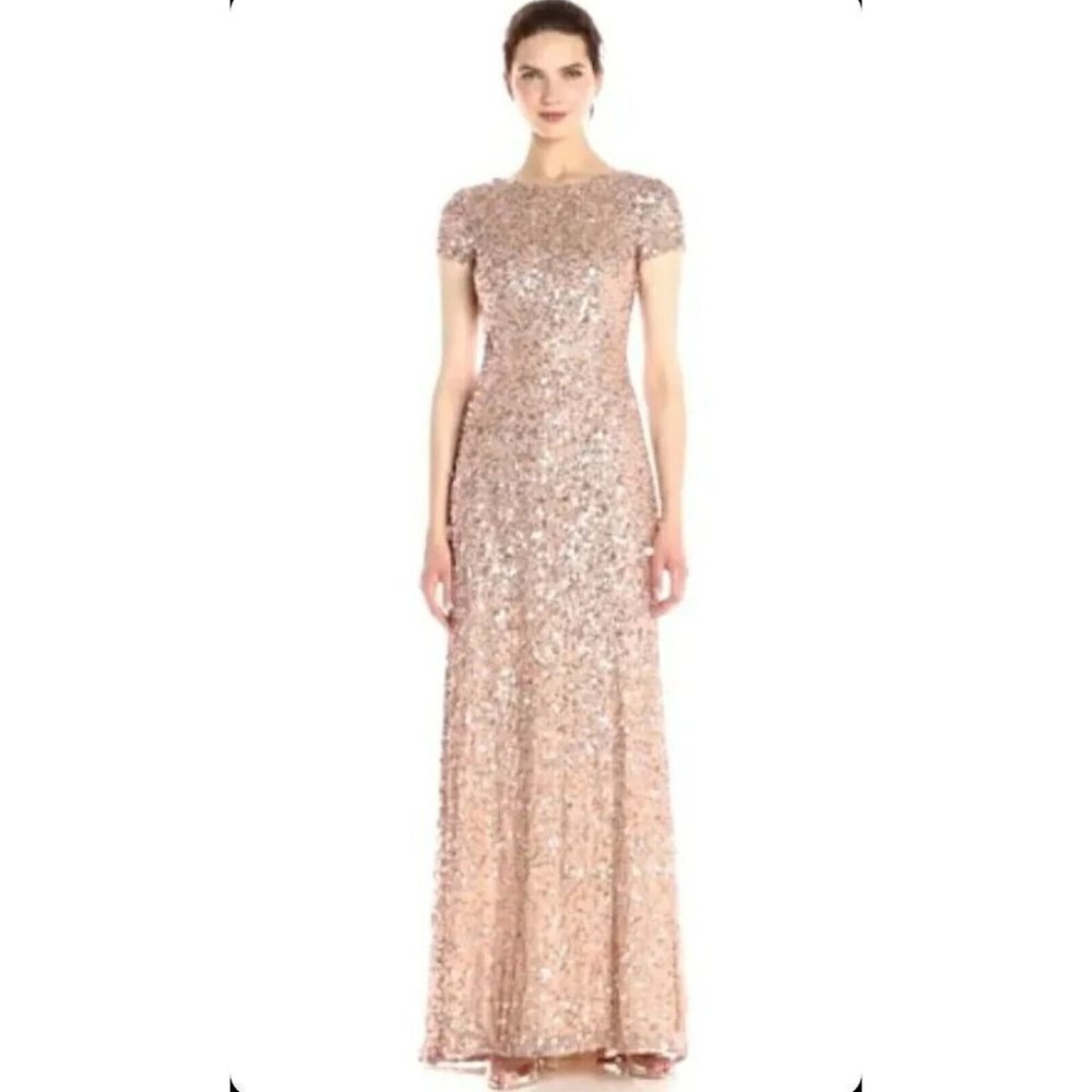 NWT Adrianna Papell Women's Long Scoop Back Lined Sequin Dress Rose Gold…